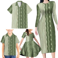 Vintage Sage Green Hawaiian Traditional Kapa Mix Flowers Lei Family Matching Long Sleeve Bodycon Dress and Hawaiian Shirt LT7 - Polynesian Pride