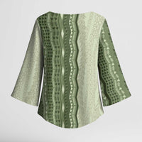 Vintage Sage Green Hawaiian Traditional Kapa Mix Flowers Lei Kimono Sleeve Blouse