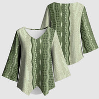 Vintage Sage Green Hawaiian Traditional Kapa Mix Flowers Lei Kimono Sleeve Blouse