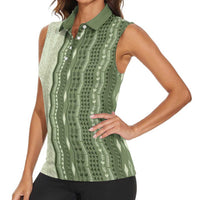 Vintage Sage Green Hawaiian Traditional Kapa Mix Flowers Lei Women Sleeveless Polo Shirt LT7 - Polynesian Pride