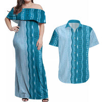 Vintage Cobalt Blue Hawaiian Traditional Kapa Mix Flowers Lei Couples Matching Off Shoulder Maxi Dress and Hawaiian Shirt LT7 Cobalt Blue - Polynesian Pride