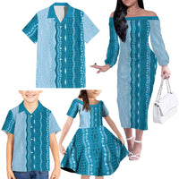 Vintage Cobalt Blue Hawaiian Traditional Kapa Mix Flowers Lei Family Matching Off The Shoulder Long Sleeve Dress and Hawaiian Shirt LT7 - Polynesian Pride