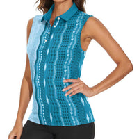 Vintage Cobalt Blue Hawaiian Traditional Kapa Mix Flowers Lei Women Sleeveless Polo Shirt LT7 - Polynesian Pride