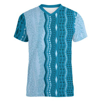 Vintage Cobalt Blue Hawaiian Traditional Kapa Mix Flowers Lei Women V-Neck T-Shirt