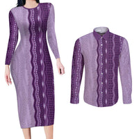 Vintage Violet Hawaiian Traditional Kapa Mix Flowers Lei Couples Matching Long Sleeve Bodycon Dress and Long Sleeve Button Shirt LT7 Violet - Polynesian Pride
