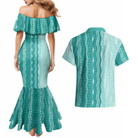 Vintage Teal Hawaiian Traditional Kapa Mix Flowers Lei Couples Matching Mermaid Dress and Hawaiian Shirt LT7 - Polynesian Pride