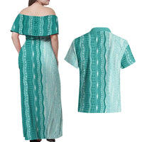 Vintage Teal Hawaiian Traditional Kapa Mix Flowers Lei Couples Matching Off Shoulder Maxi Dress and Hawaiian Shirt LT7 - Polynesian Pride