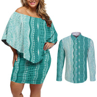 Vintage Teal Hawaiian Traditional Kapa Mix Flowers Lei Couples Matching Off Shoulder Short Dress and Long Sleeve Button Shirt