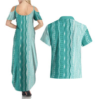 Vintage Teal Hawaiian Traditional Kapa Mix Flowers Lei Couples Matching Summer Maxi Dress and Hawaiian Shirt LT7 - Polynesian Pride