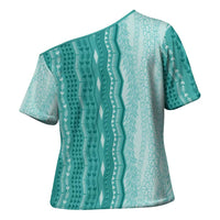 Vintage Teal Hawaiian Traditional Kapa Mix Flowers Lei Cross Shoulder Shirt