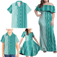 Vintage Teal Hawaiian Traditional Kapa Mix Flowers Lei Family Matching Off Shoulder Maxi Dress and Hawaiian Shirt LT7 - Polynesian Pride