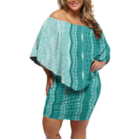 Vintage Teal Hawaiian Traditional Kapa Mix Flowers Lei Family Matching Off Shoulder Short Dress and Hawaiian Shirt LT7 Mom's Dress Teal - Polynesian Pride