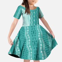 Vintage Teal Hawaiian Traditional Kapa Mix Flowers Lei Family Matching Short Sleeve Bodycon Dress and Hawaiian Shirt LT7 Daughter's Dress Teal - Polynesian Pride