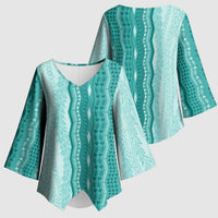Vintage Teal Hawaiian Traditional Kapa Mix Flowers Lei Kimono Sleeve Blouse