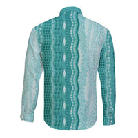 Vintage Teal Hawaiian Traditional Kapa Mix Flowers Lei Long Sleeve Button Shirt