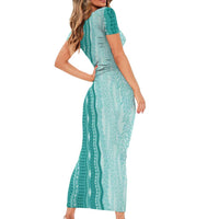 Vintage Teal Hawaiian Traditional Kapa Mix Flowers Lei Short Sleeve Bodycon Dress