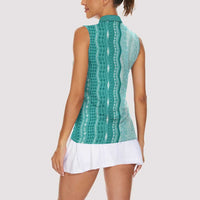 Vintage Teal Hawaiian Traditional Kapa Mix Flowers Lei Women Sleeveless Polo Shirt