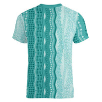 Vintage Teal Hawaiian Traditional Kapa Mix Flowers Lei Women V-Neck T-Shirt