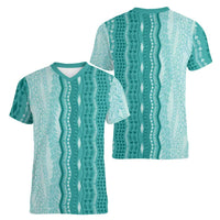 Vintage Teal Hawaiian Traditional Kapa Mix Flowers Lei Women V-Neck T-Shirt