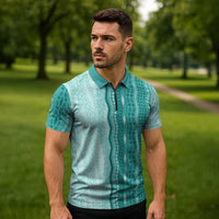 Vintage Teal Hawaiian Traditional Kapa Mix Flowers Lei Zipper Polo Shirt