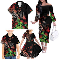 Aloha Hawaii Manta Rays Family Matching Off The Shoulder Long Sleeve Dress and Hawaiian Shirt Red Ohia Lehua LT7 - Polynesian Pride