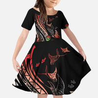 Aloha Hawaii Manta Rays Family Matching Off Shoulder Maxi Dress and Hawaiian Shirt Red Ohia Lehua LT7 Daughter's Dress Red - Polynesian Pride