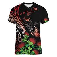 Aloha Hawaii Manta Rays Women V-Neck T-Shirt Red Ohia Lehua