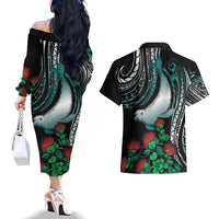Aloha Hawaii Monk Seal Couples Matching Off The Shoulder Long Sleeve Dress and Hawaiian Shirt Mix Ohia Lehua LT7 - Polynesian Pride