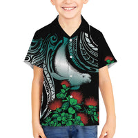 Aloha Hawaii Monk Seal Family Matching Tank Maxi Dress and Hawaiian Shirt Mix Ohia Lehua LT7 Son's Shirt Teal - Polynesian Pride
