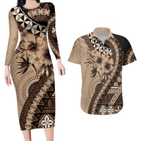 Bula Fiji Couples Matching Long Sleeve Bodycon Dress and Hawaiian Shirt Mocha Brown Kaivity Masi Tapa LT7 Brown - Polynesian Pride