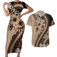 Bula Fiji Couples Matching Short Sleeve Bodycon Dress and Hawaiian Shirt Mocha Brown Kaivity Masi Tapa LT7 Brown - Polynesian Pride