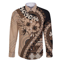 Bula Fiji Family Matching Mermaid Dress and Hawaiian Shirt Mocha Brown Kaivity Masi Tapa LT7 Dad's Shirt - Long Sleeve Brown - Polynesian Pride