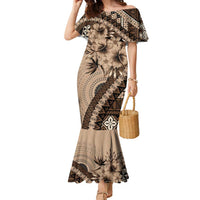 Bula Fiji Family Matching Mermaid Dress and Hawaiian Shirt Mocha Brown Kaivity Masi Tapa LT7 Mom's Dress Brown - Polynesian Pride
