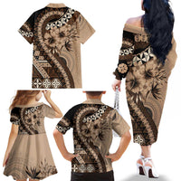 Bula Fiji Family Matching Off The Shoulder Long Sleeve Dress and Hawaiian Shirt Mocha Brown Kaivity Masi Tapa LT7 - Polynesian Pride