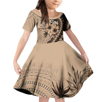 Bula Fiji Family Matching Off Shoulder Short Dress and Hawaiian Shirt Mocha Brown Kaivity Masi Tapa LT7 Daughter's Dress Brown - Polynesian Pride