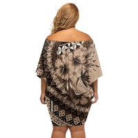 Bula Fiji Off Shoulder Short Dress Mocha Brown Kaivity Masi Tapa LT7 - Polynesian Pride