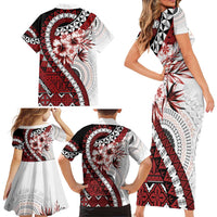 Bula Fiji Family Matching Short Sleeve Bodycon Dress and Hawaiian Shirt White Kaivity Masi Tapa LT7 - Polynesian Pride