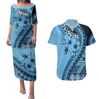 Bula Fiji Couples Matching Puletasi and Hawaiian Shirt Turquoise Kaivity Masi Tapa