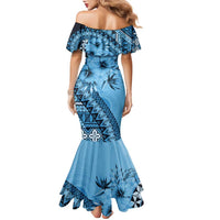 Bula Fiji Family Matching Mermaid Dress and Hawaiian Shirt Turquoise Kaivity Masi Tapa LT7 - Polynesian Pride