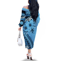 Bula Fiji Family Matching Off The Shoulder Long Sleeve Dress and Hawaiian Shirt Turquoise Kaivity Masi Tapa LT7 - Polynesian Pride