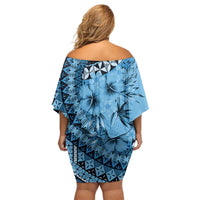 Bula Fiji Family Matching Off Shoulder Short Dress and Hawaiian Shirt Turquoise Kaivity Masi Tapa LT7 - Polynesian Pride