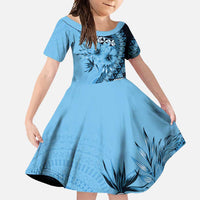 Bula Fiji Family Matching Short Sleeve Bodycon Dress and Hawaiian Shirt Turquoise Kaivity Masi Tapa LT7 Daughter's Dress Turquoise - Polynesian Pride