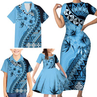 Bula Fiji Family Matching Short Sleeve Bodycon Dress and Hawaiian Shirt Turquoise Kaivity Masi Tapa LT7 - Polynesian Pride