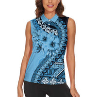 Bula Fiji Women Sleeveless Polo Shirt Turquoise Kaivity Masi Tapa