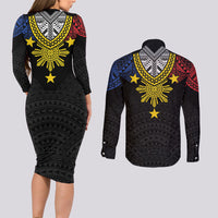 Philippines Heritage Baybayin Mix Polynesian Couples Matching Long Sleeve Bodycon Dress and Long Sleeve Button Shirt