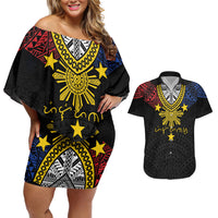 Philippines Heritage Baybayin Mix Polynesian Couples Matching Off Shoulder Short Dress and Hawaiian Shirt