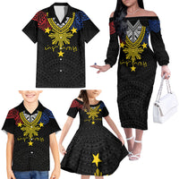 Philippines Heritage Baybayin Mix Polynesian Family Matching Off The Shoulder Long Sleeve Dress and Hawaiian Shirt LT7 - Polynesian Pride