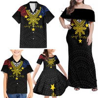 Philippines Heritage Baybayin Mix Polynesian Family Matching Off Shoulder Maxi Dress and Hawaiian Shirt