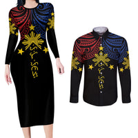 Philippines Heritage Personalized Couples Matching Long Sleeve Bodycon Dress and Long Sleeve Button Shirt Baybayin Philipinas Sun