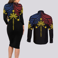 Philippines Heritage Personalized Couples Matching Long Sleeve Bodycon Dress and Long Sleeve Button Shirt Baybayin Philipinas Sun